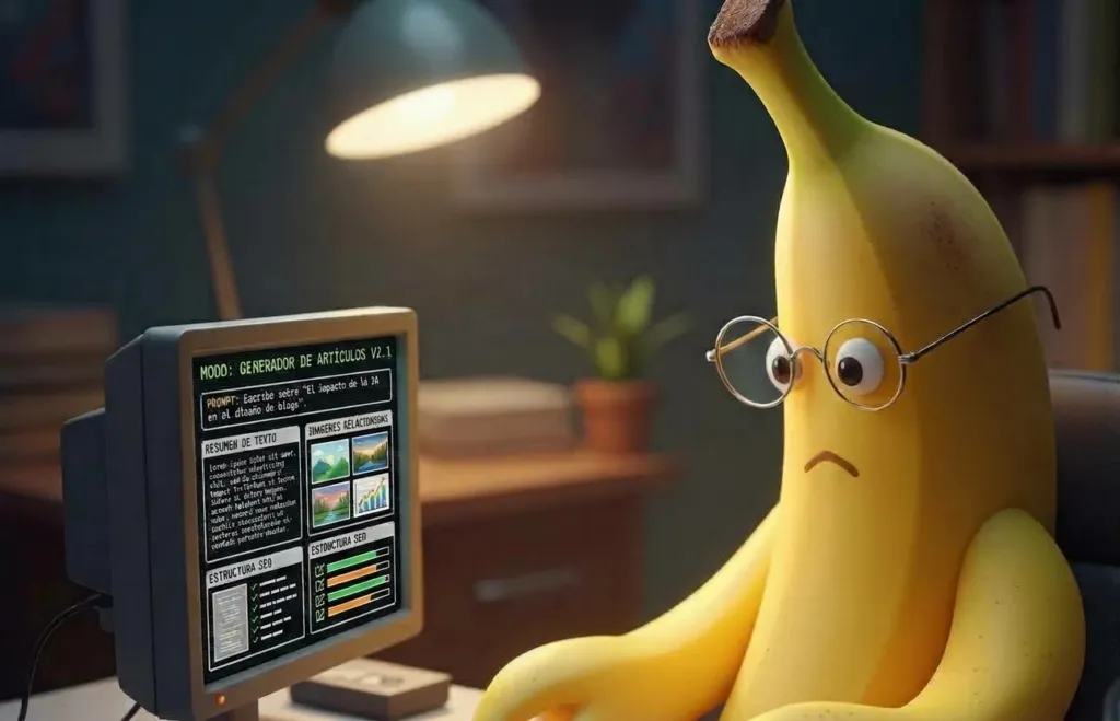 3D illustration of a banana character wearing glasses looking at a retro monitor displaying an AI article generator interface.