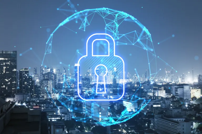 A glowing digital padlock enclosed in a circular network sphere overlaying a futuristic city skyline at night