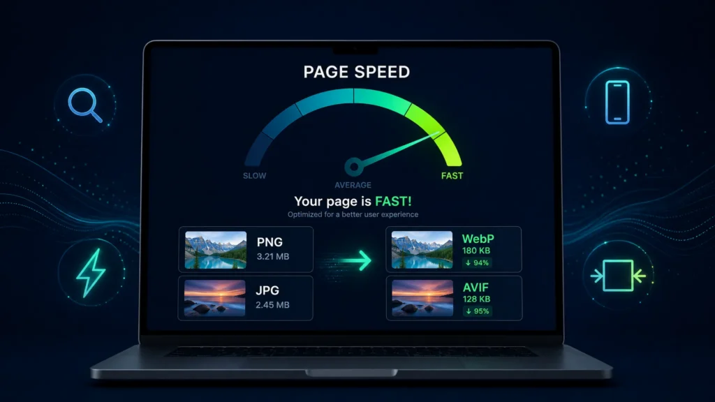 Laptop showing page speed improvements and image conversion to WebP/AVIF for SEO
