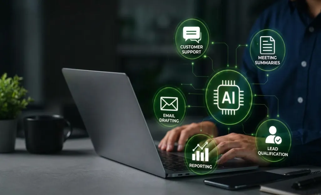 Person working on a laptop surrounded by glowing green digital icons representing AI automation tasks including customer support, email drafting, reporting, meeting summaries, and lead qualification.
