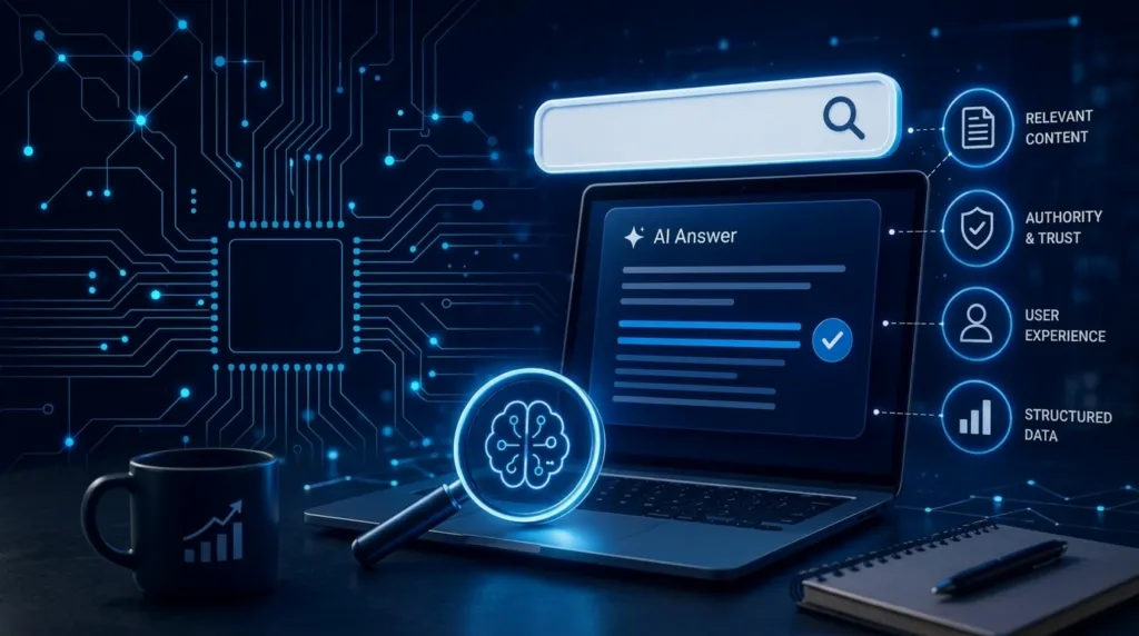 Laptop displaying an AI Answer search interface on a dark desk with digital icons for Relevant Content, Authority and Trust, User Experience, and Structured Data.