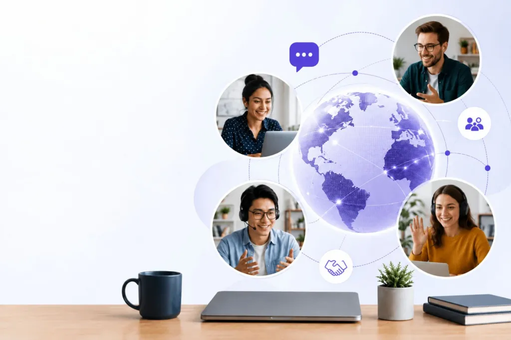Distributed tech team collaborating remotely across cultures through digital communication tools.