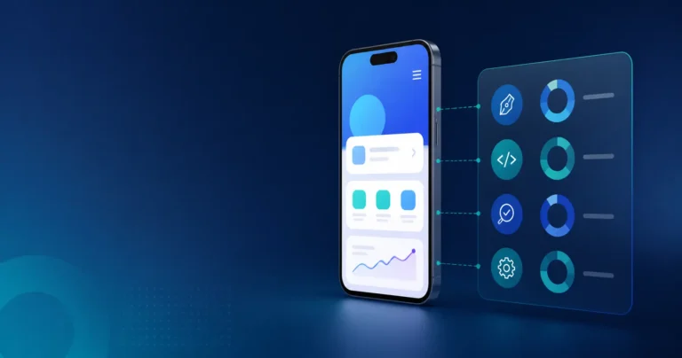 Smartphone app beside a visual breakdown of design, development, testing, and maintenance costs