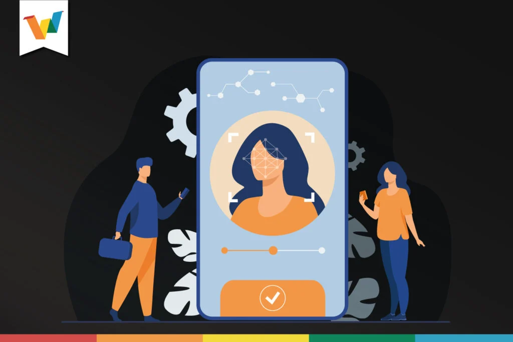 Illustration of a smartphone using facial recognition to verify a customer during an online purchase