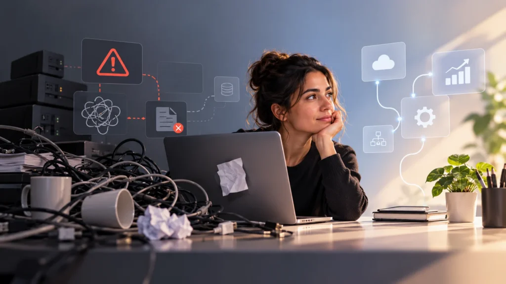 Woman at a cluttered desk with tangled cables and error icons, imagining an organized cloud-based workflow